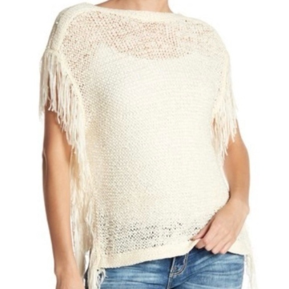 John + Jenn Women's X Small Cream Open Knit Crochet Fringe Sweater Top XS